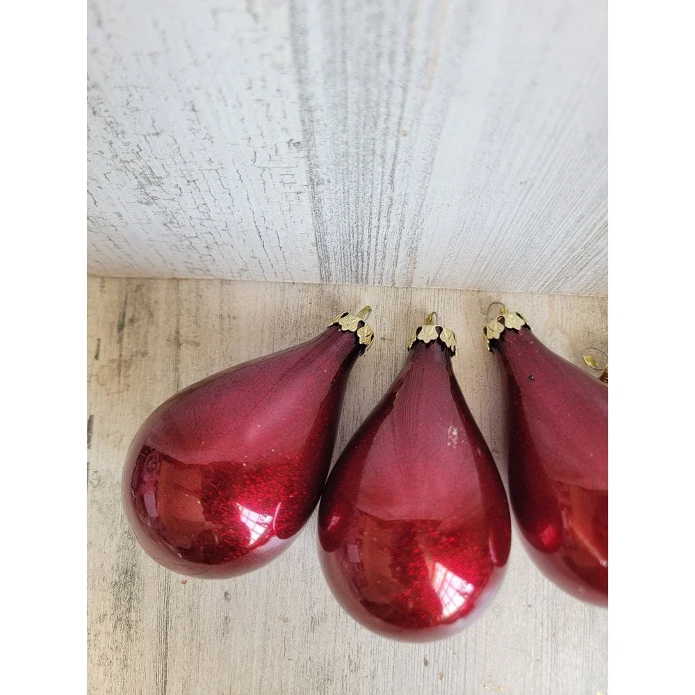 Vintage dark red glitter teardrop glass ornament Xmas set unique home decor